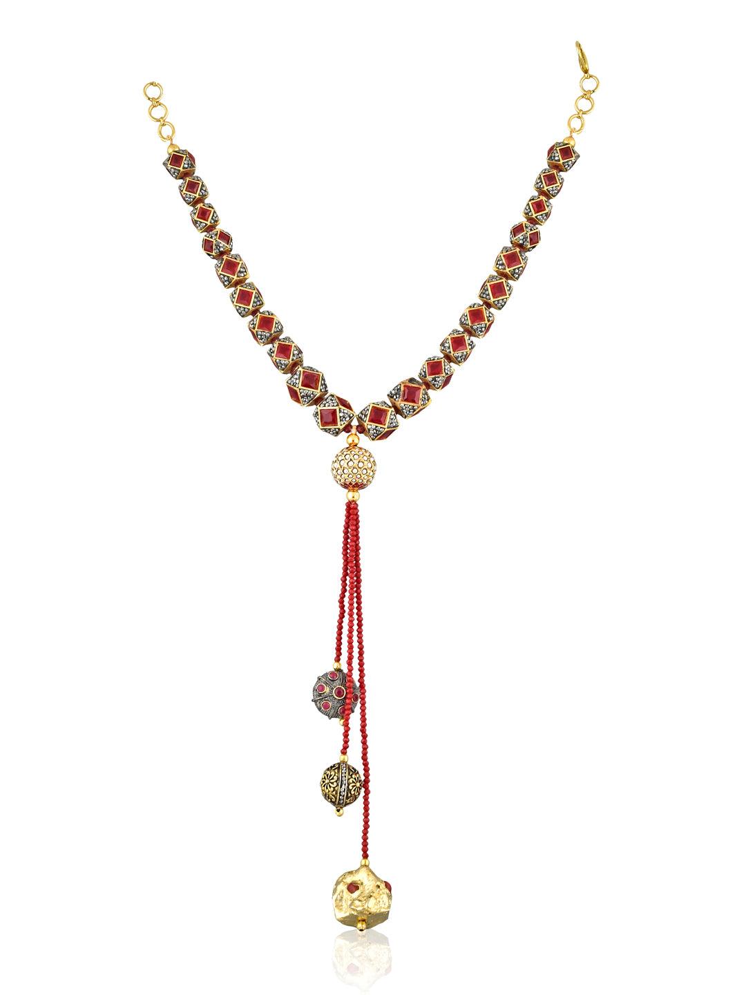 Stone Appeal Deep Red Ethnic Beads Tassel Necklace - Curio Cottage 