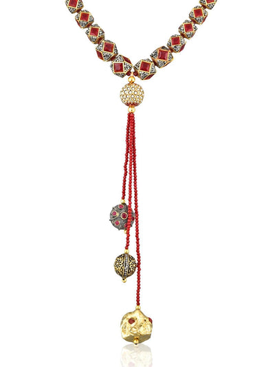 Stone Appeal Deep Red Ethnic Beads Tassel Necklace - Curio Cottage 