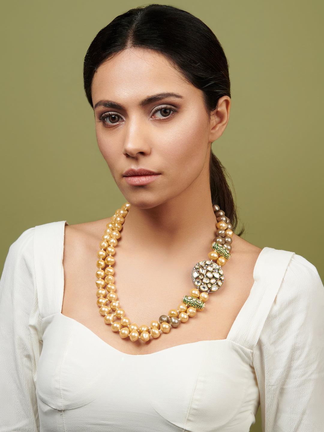 Stone Appeal Double Layered Champagne Pearls Long Necklace - Curio Cottage 