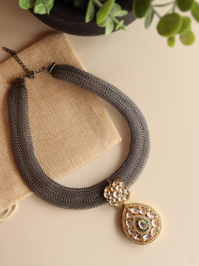 Miera Black Rohdium And Kundan Mesh Necklace - Curio Cottage 