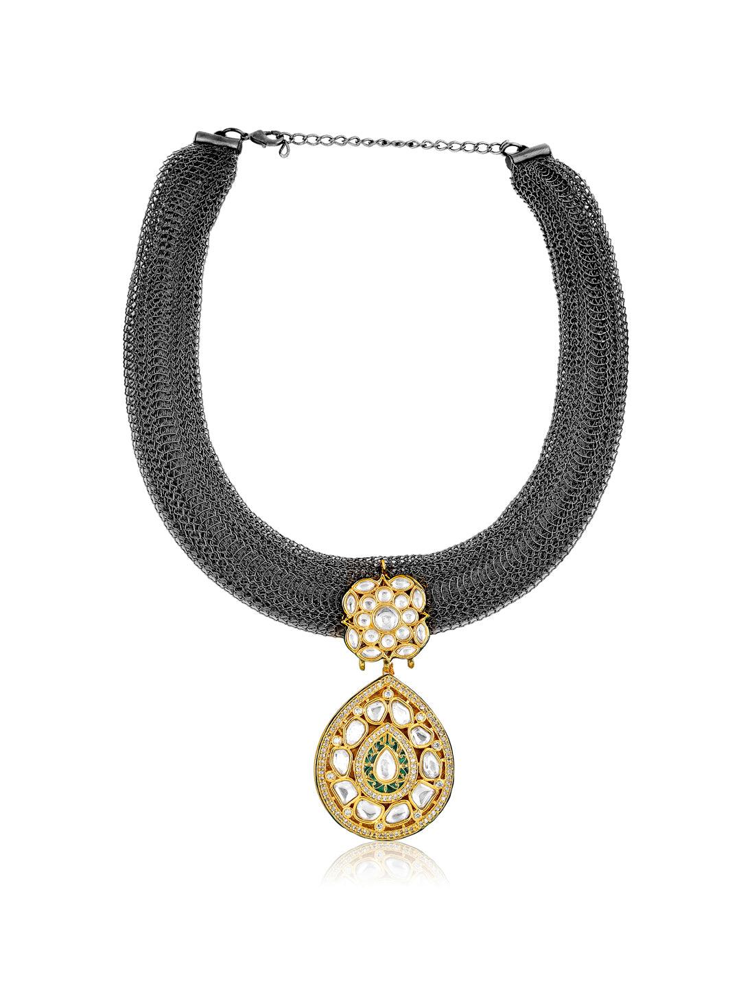 Miera Black Rohdium And Kundan Mesh Necklace - Curio Cottage 