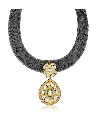 Miera Black Rohdium And Kundan Mesh Necklace - Curio Cottage 