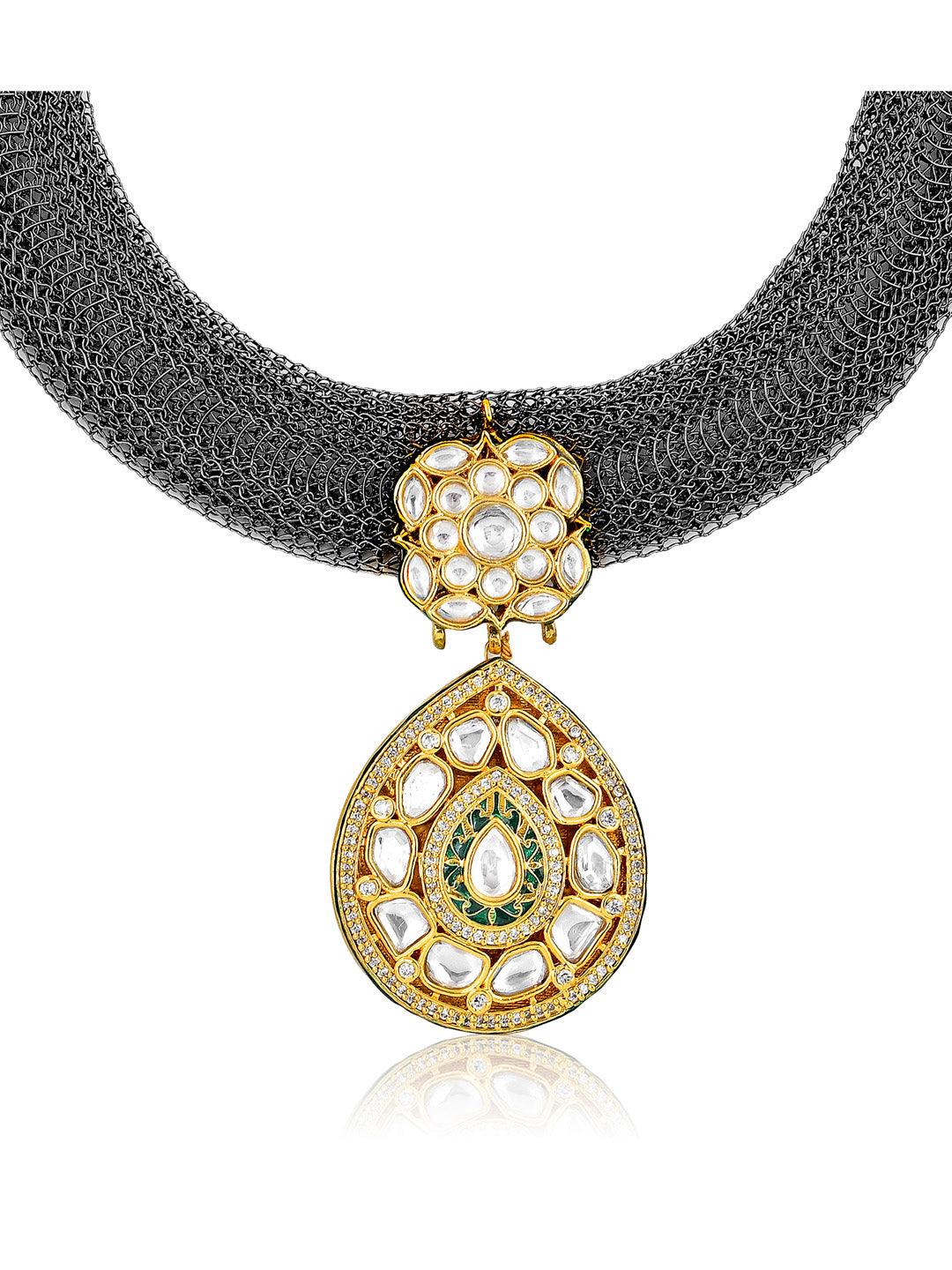 Miera Black Rohdium And Kundan Mesh Necklace - Curio Cottage 