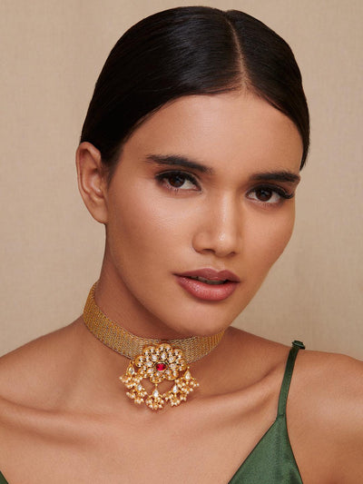 Miera Gold And Kundan Mesh Necklace - Curio Cottage 