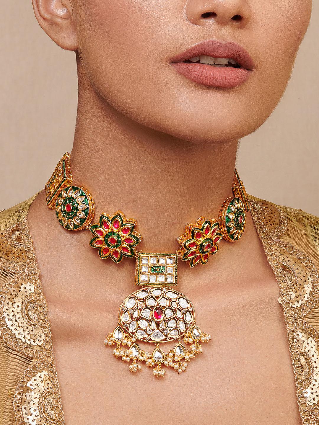 Miera Kundan And Multi Coloured Enameled Long Necklace - Curio Cottage 