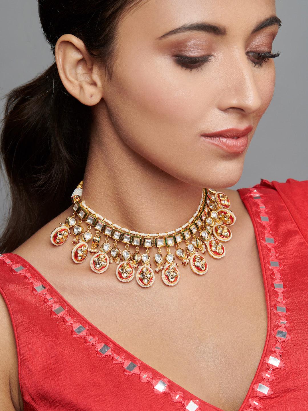 Bridal Kundan Necklace With Red Enamel Droplets - Default Title (FNE221) 