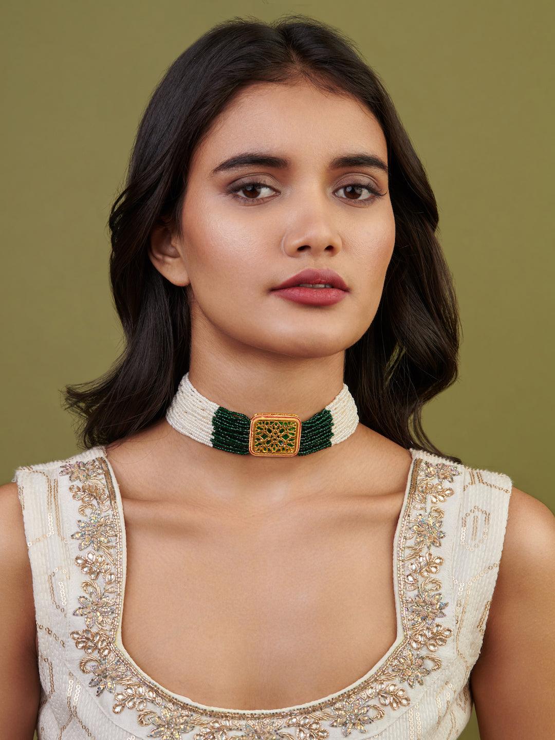 Meira Thewa Pearl and Green Choker - Curio Cottage 