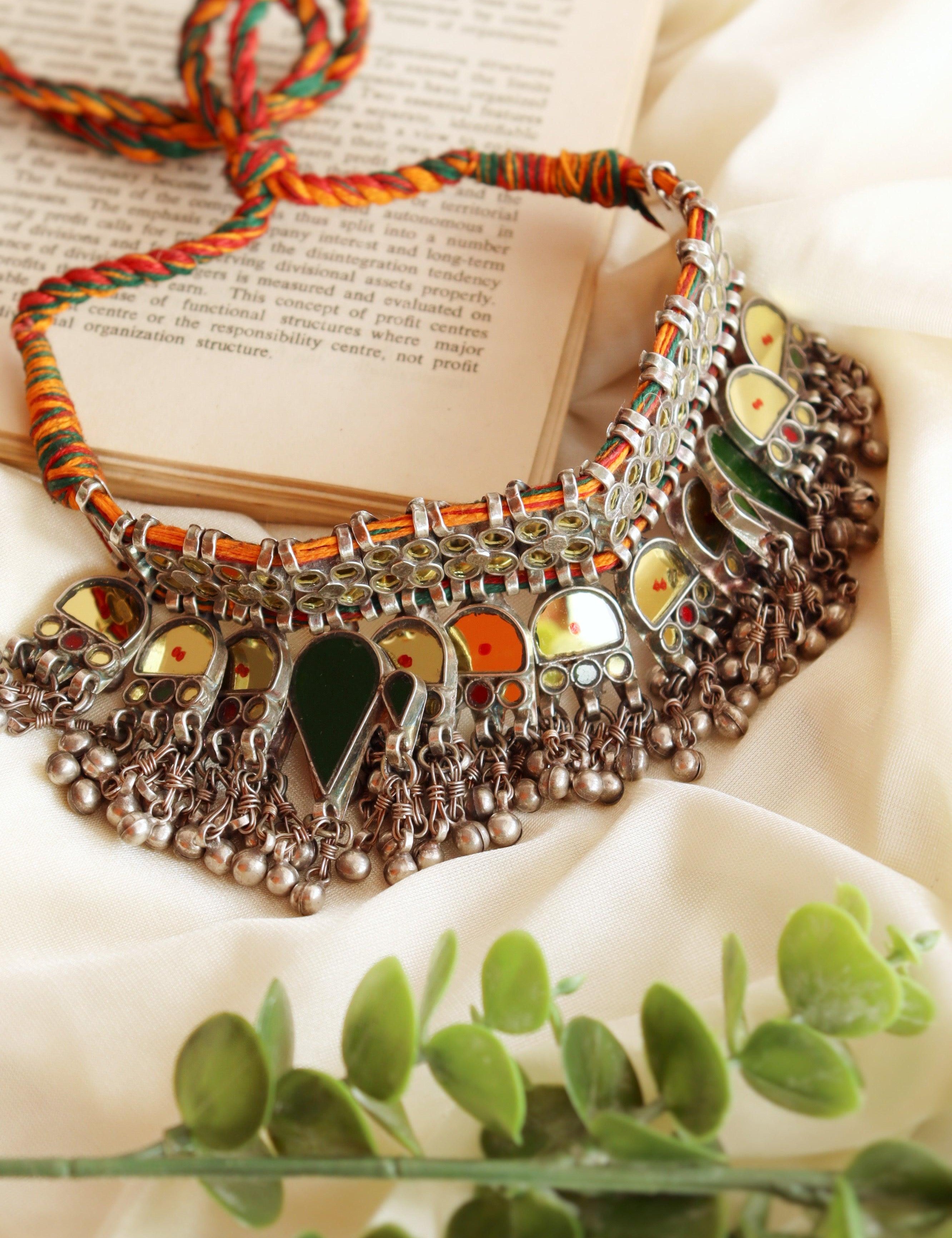 Oxidised Yellow And Green Mirror Choker Necklace