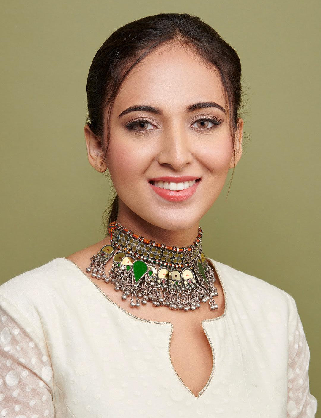 Oxidised Yellow And Green Mirror Choker Necklace