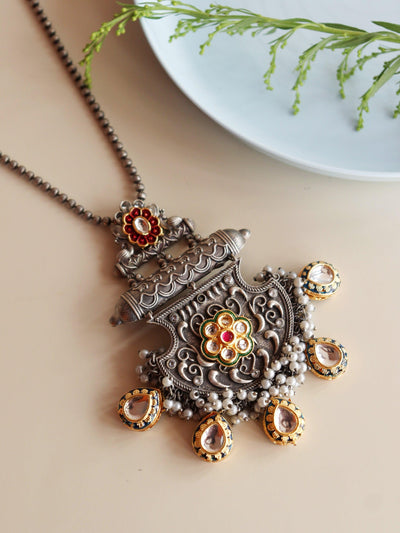 Aria Oxidised Kundan Drop Long Necklace - Default Title (FNO107) 