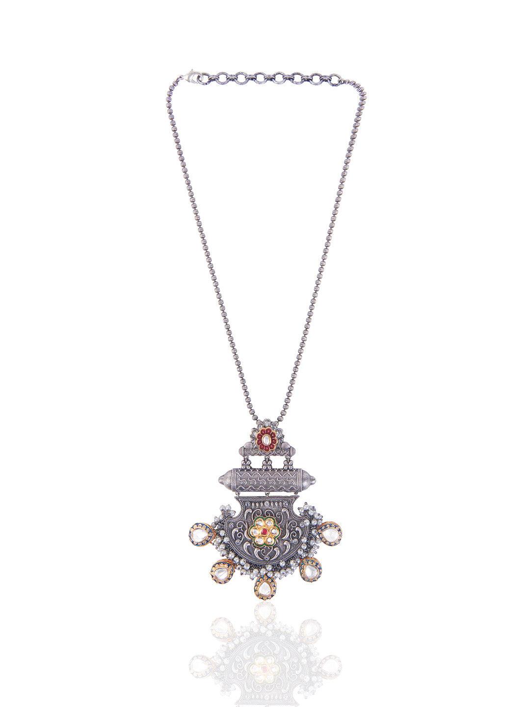 Aria Oxidised Kundan Drop Long Necklace - Default Title (FNO107) 