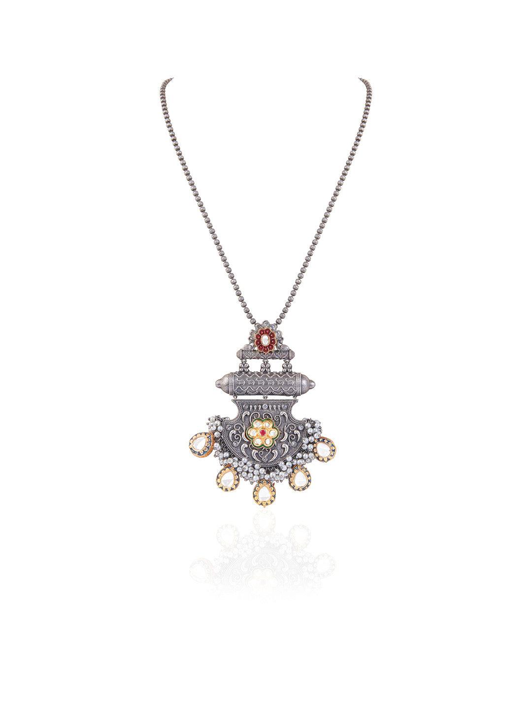 Aria Oxidised Kundan Drop Long Necklace - Default Title (FNO107) 