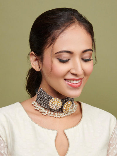 Aria Floral Kundan And Pearls Embellished Choker Necklace - Default Title (FNO108) 