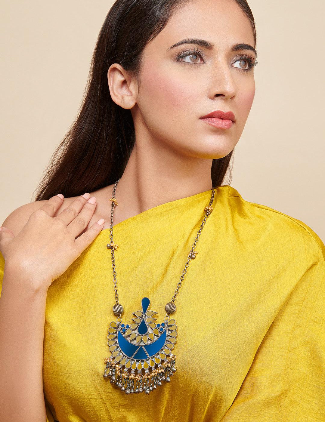 Oxidised Blue Mirrior Long Necklace