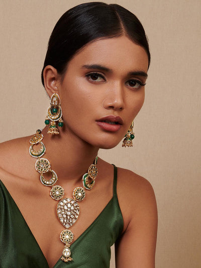 Miera Green Enameled And Kundan Long Necklace Set - Default Title (FNS10) 