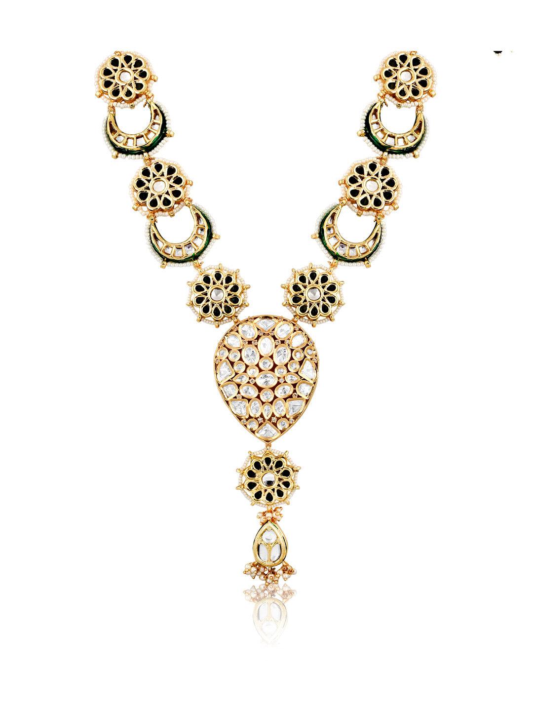 Miera Green Enameled And Kundan Long Necklace Set - Default Title (FNS10) 