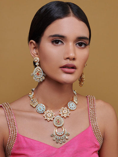 Miera Kundan And Blue Enameled Long Necklace Set - Default Title (FNS11) 