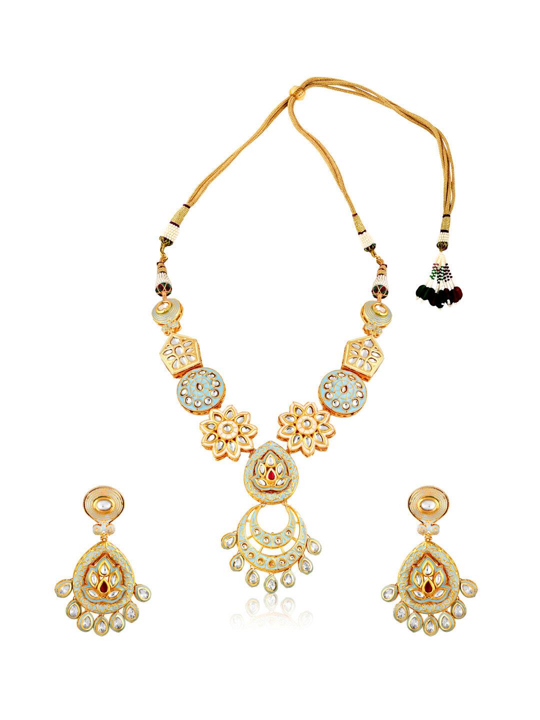 Miera Kundan And Blue Enameled Long Necklace Set - Default Title (FNS11) 