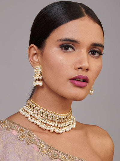 Miera Kundan And Pearls Embellished Choker Necklace Set - Default Title (FNS13) Miera Kundan And Pearls Embellished Choker Necklace Set