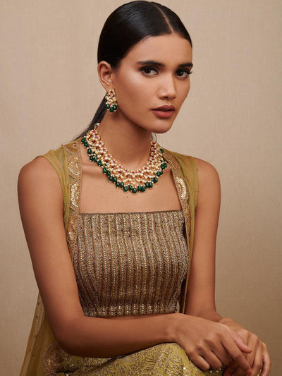 Miera Kundan And Green Stones Embellished Necklae Set - Default Title (FNS14) 