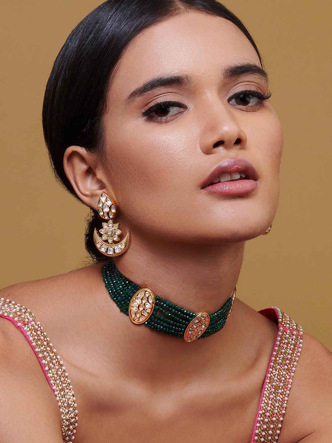 Miera Green Coloured Stones Embellished With Kundan Choker Necklace Set - Default Title (FNS18) Meira Green Coloured Stones Embellished With Kundan Choker Necklace Set