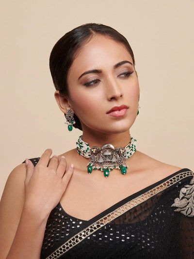 Aria Oxidised And Green Stone And Pearl Embellished Choker Set - Default Title (FNS21) Aria Oxidised And Green Stone And Pearl Embellished Choker Set