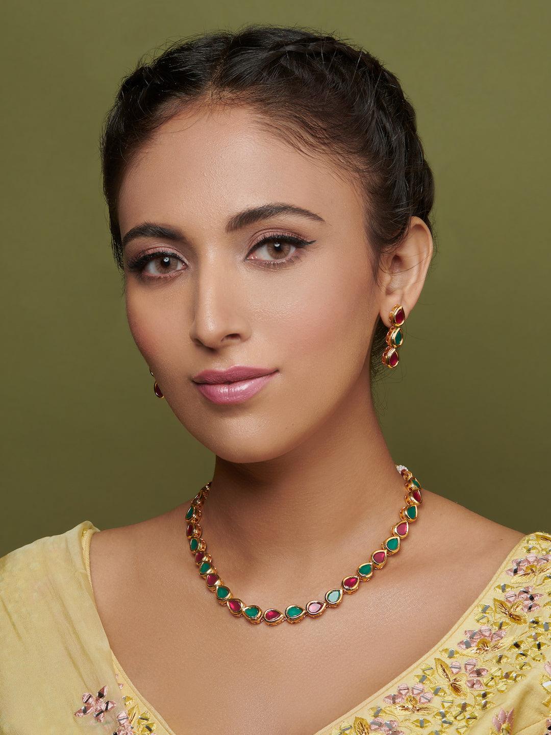 The Bridal Edit - Red And Green Kundan Leaf Strings Necklace Set - Curio Cottage 