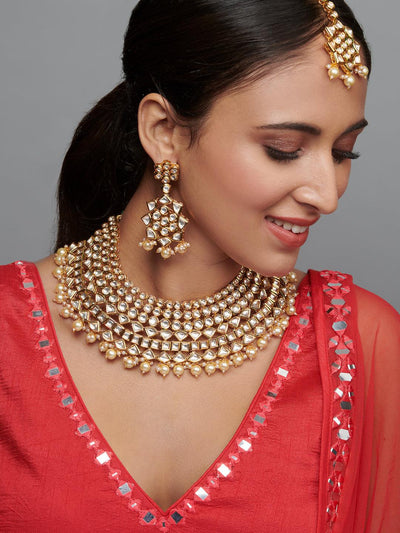 The Traditional Bride Kundan And Gold Pearls Necklace Set - Curio Cottage 