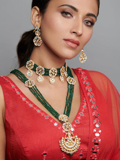 Bridal Floral Kundan Motifs And Green Strings Choker And Long Necklace Set - Default Title (FNS40) 