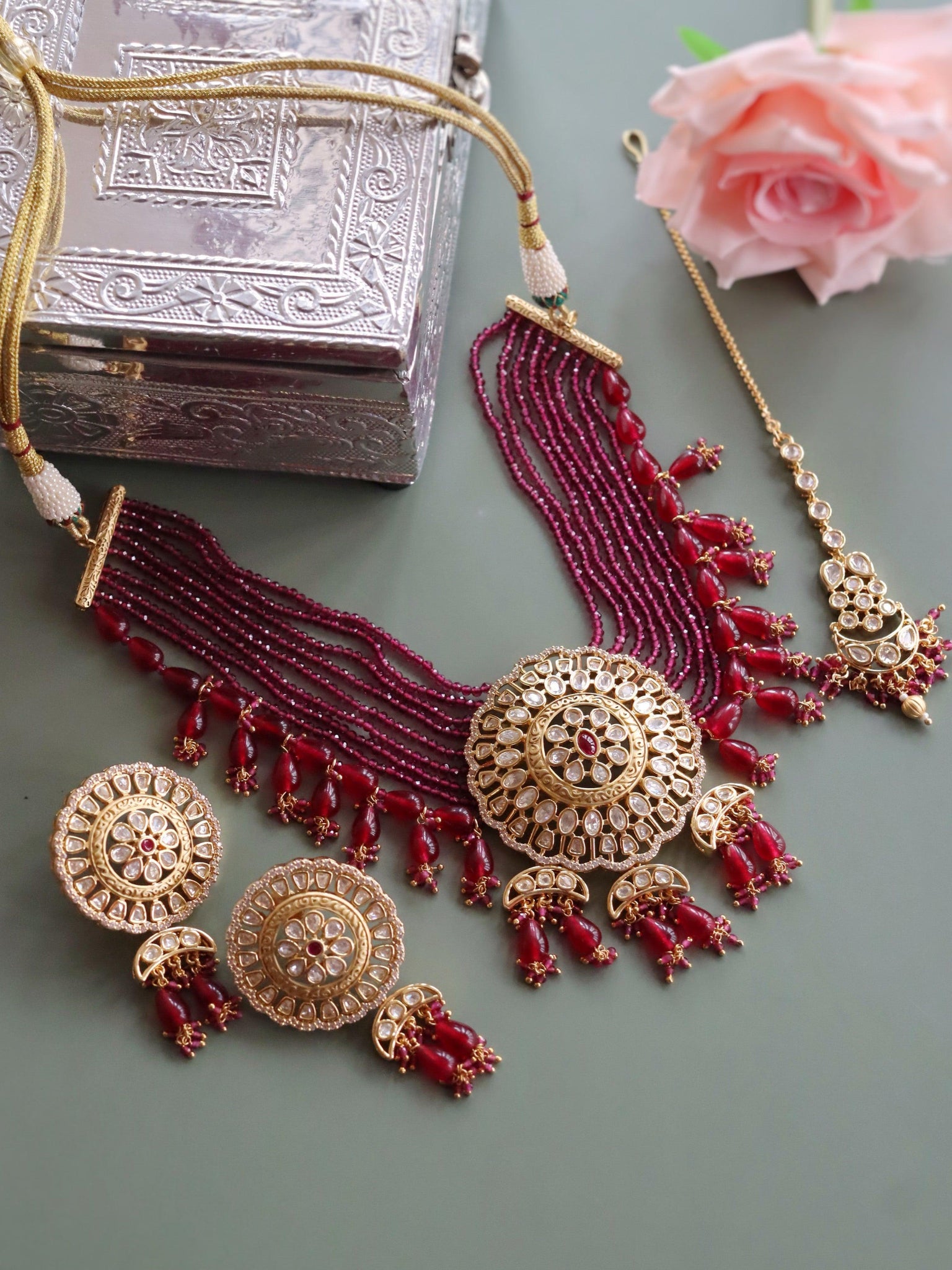 The Bridal Edit - Deep Red Beads Strung Choker Set - Curio Cottage 
