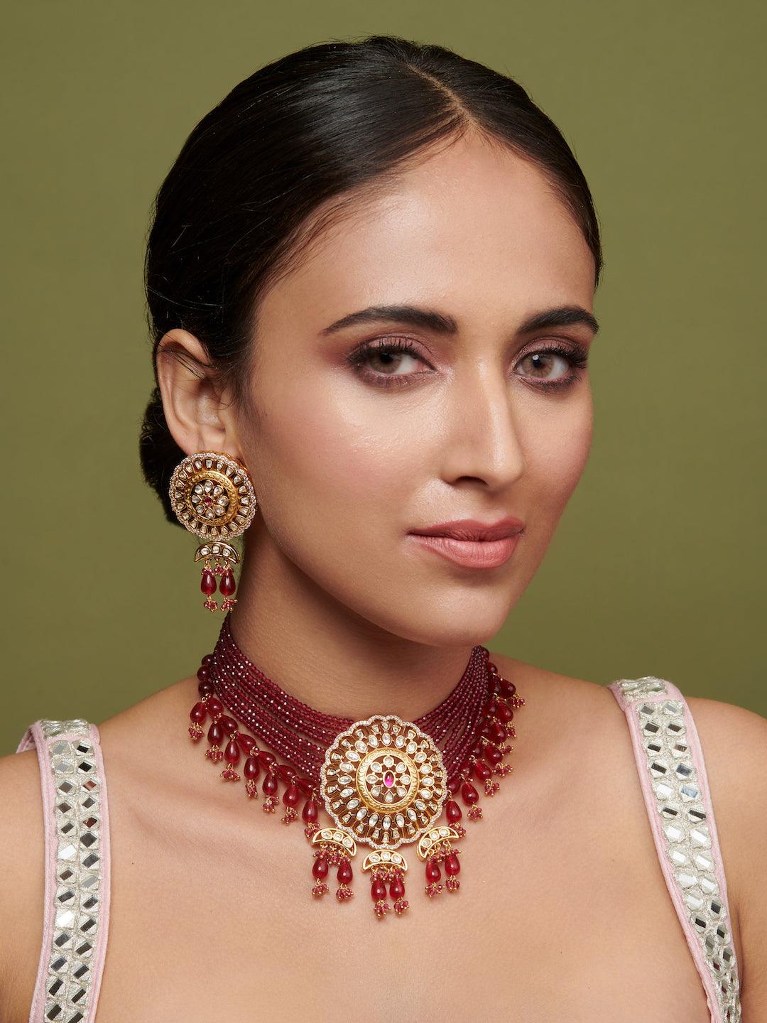 The Bridal Edit - Deep Red Beads Strung Choker Set - Curio Cottage 