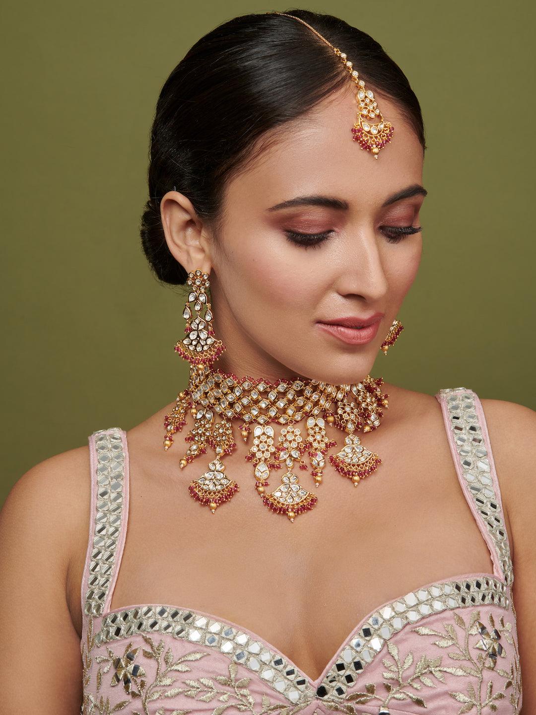 Red And Gold Beads Embellished Bridal Choker Set - Curio Cottage 