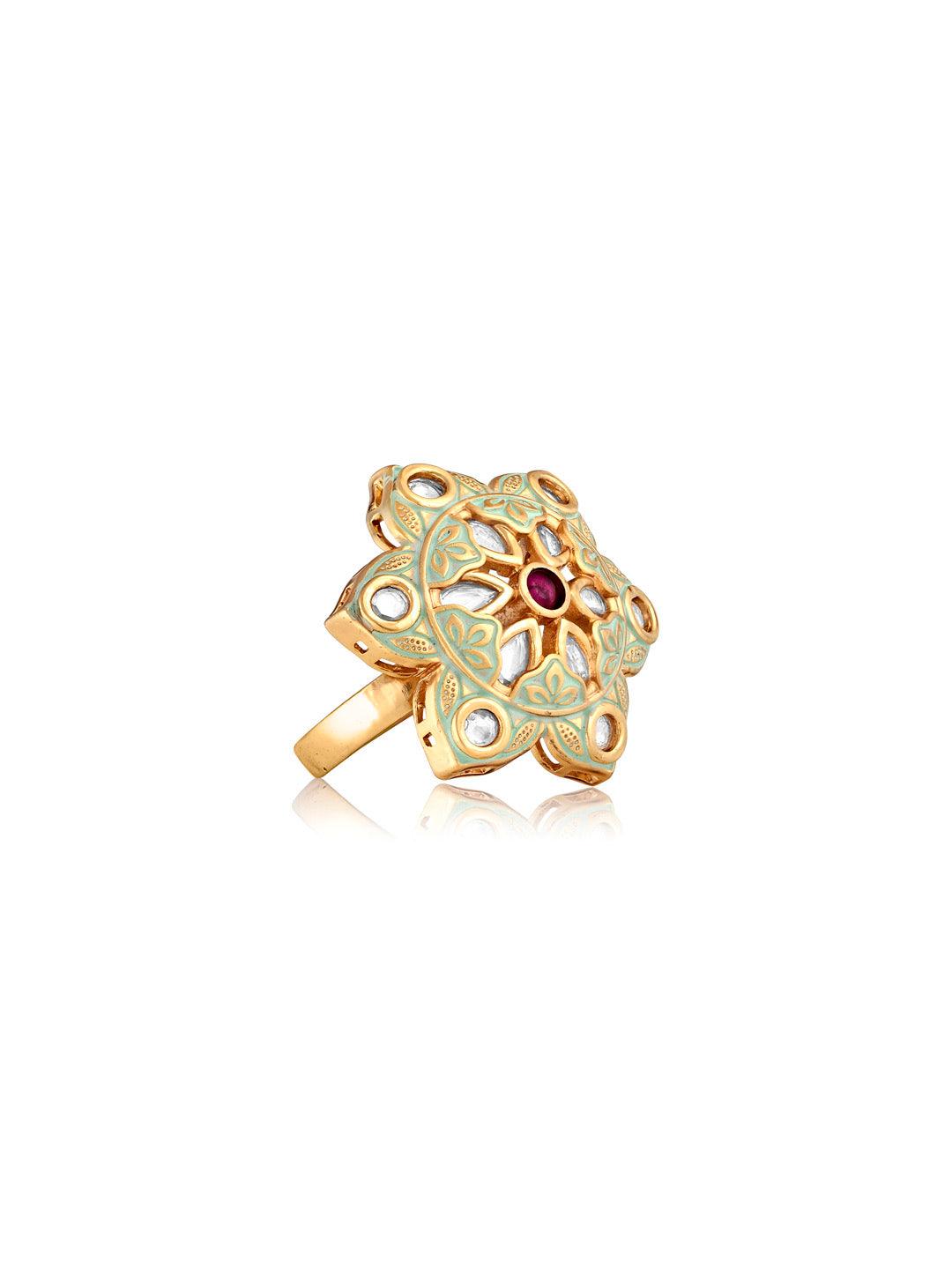Miera Green Enameled And Kundan Ring - Default Title (FRE103) 