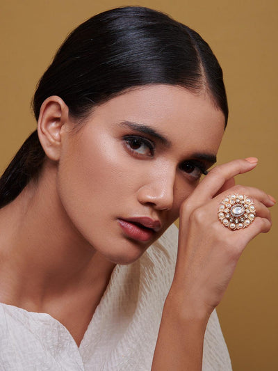 Miera Kundan And Pearls Embellished Ring - Default Title (FRE106) Miera Kundan And Pearls Embellished Ring