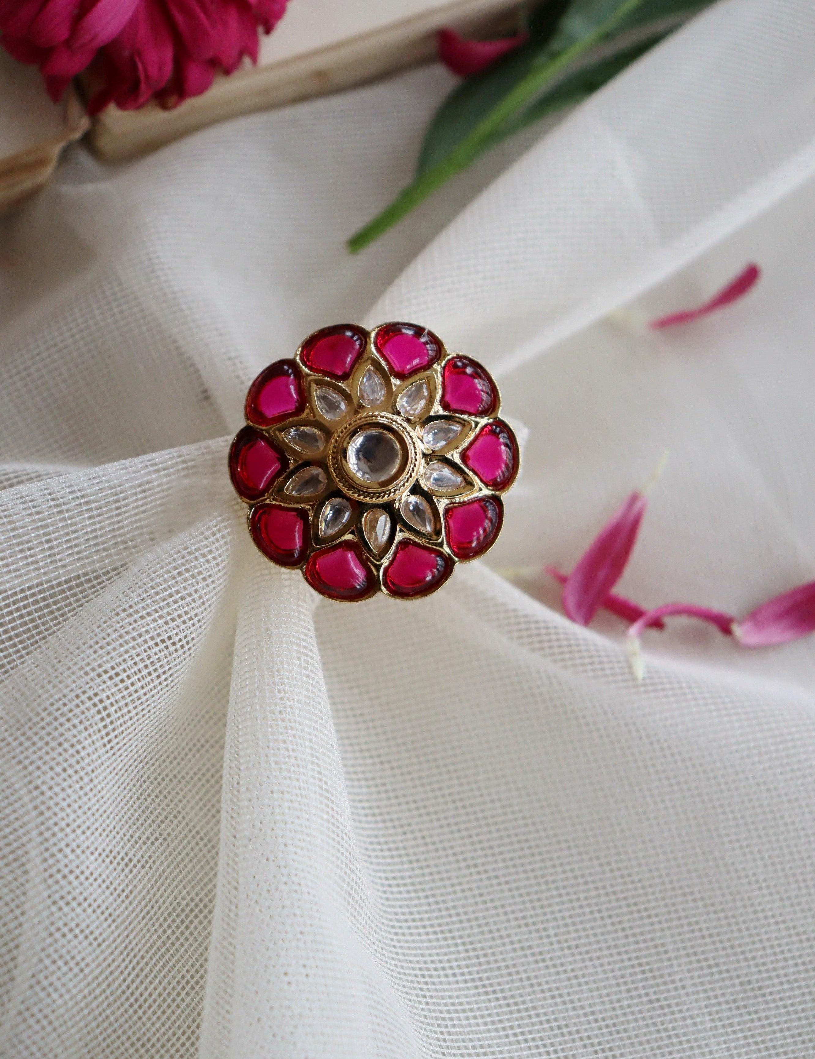 Red And Kundan Flower Ring