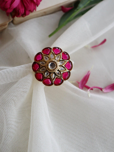 Red Leaf And Kundan Bridal Flower Ring - Curio Cottage 