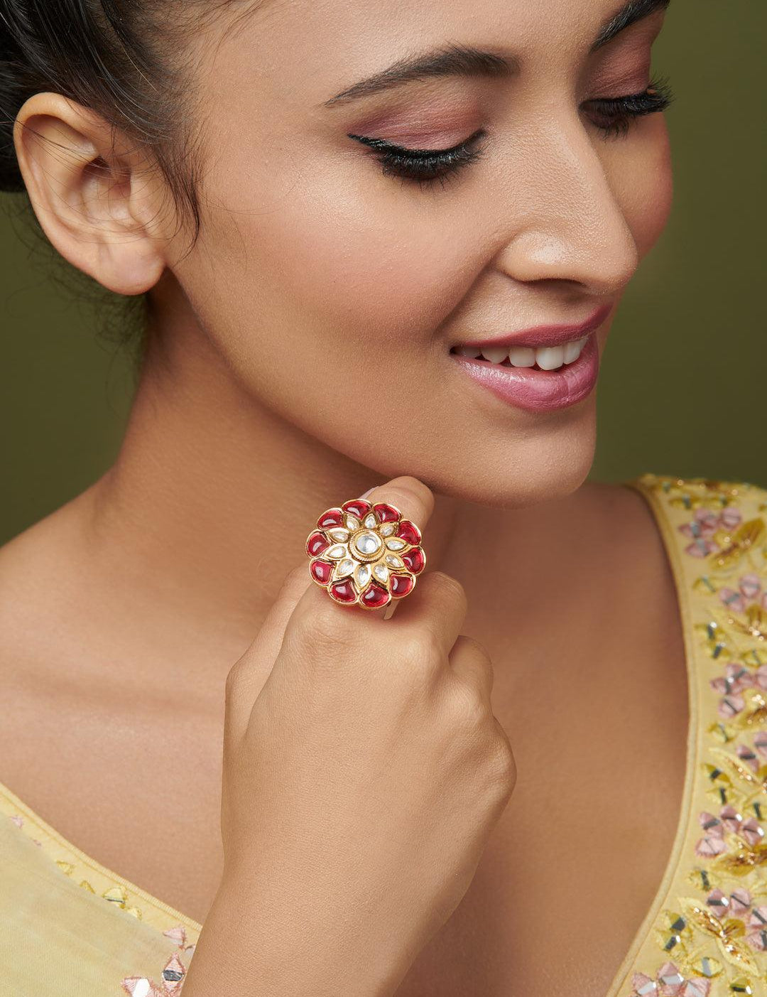 Red And Kundan Flower Ring