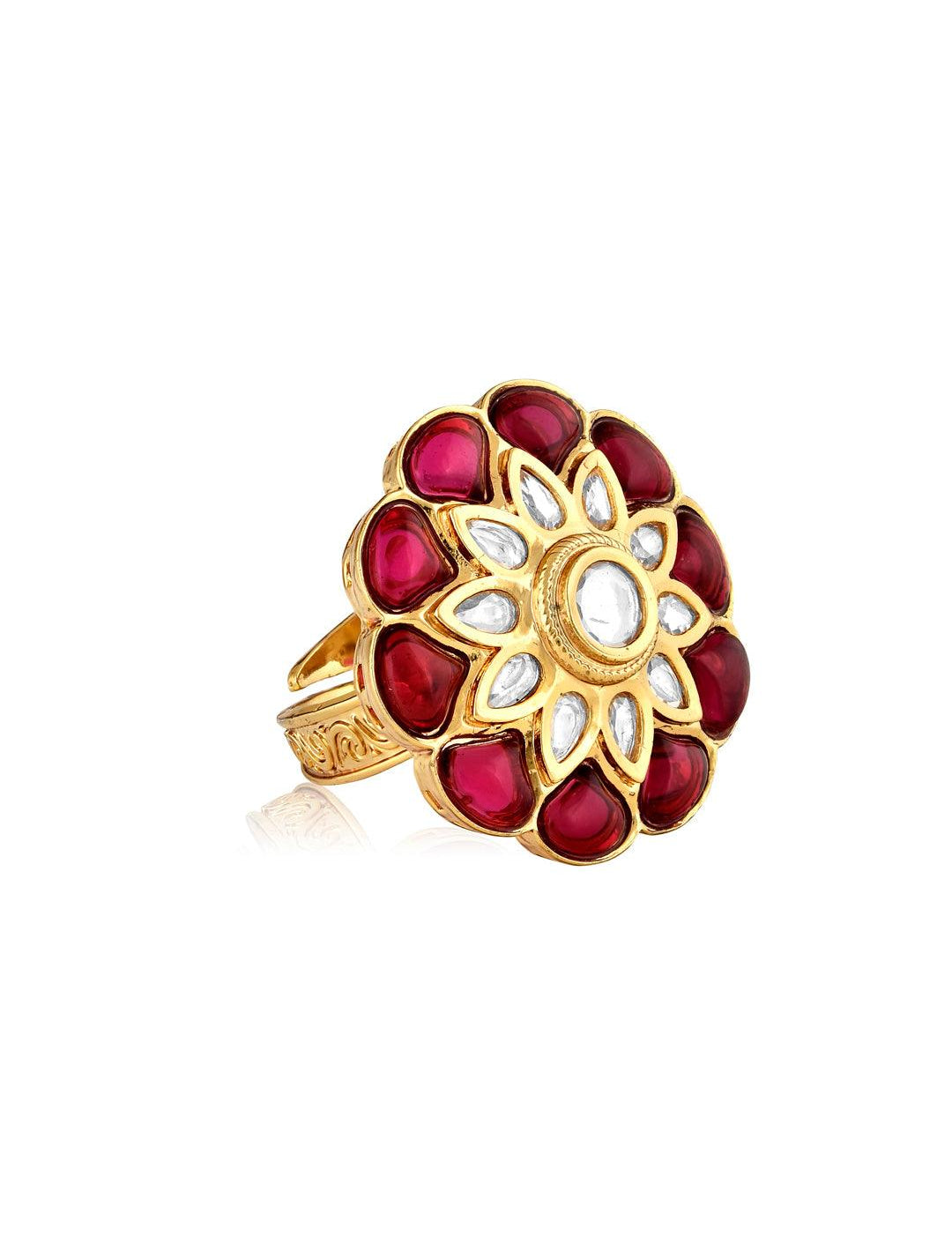 Red And Kundan Flower Ring