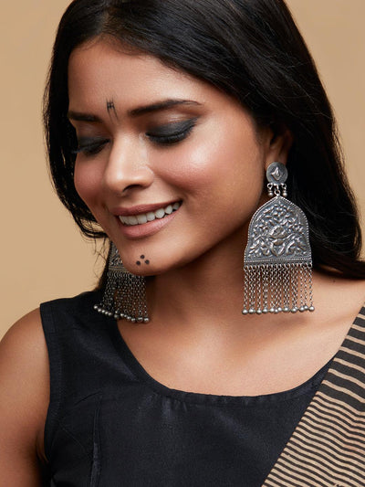 Pure Silver Fringes of Ghungroo Chandbali Earrings - Curio Cottage Pure Silver Fringes of Ghungroo Chandbali Earrings