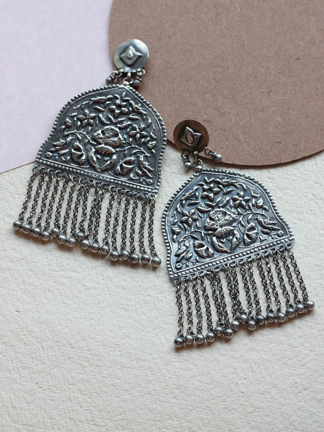 Pure Silver Fringes of Ghungroo Chandbali Earrings - Curio Cottage Pure Silver Fringes of Ghungroo Chandbali Earrings