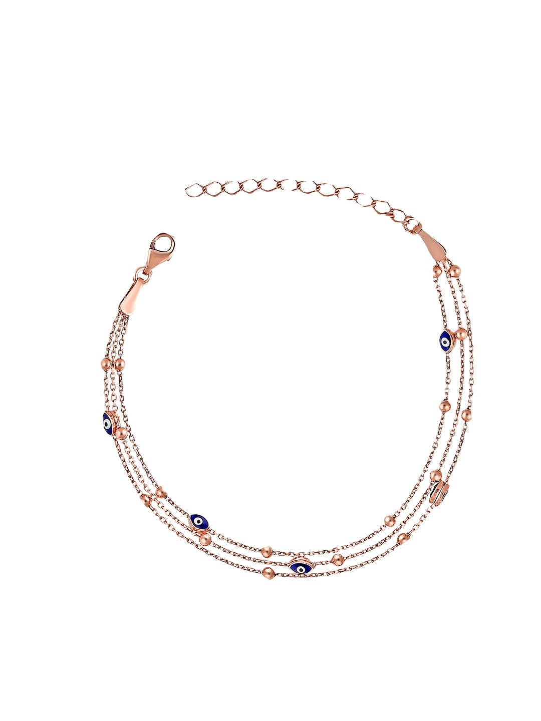 Pure Silver Rose Gold Plated Multi Chain Evil Eye Bracelet - Curio Cottage 