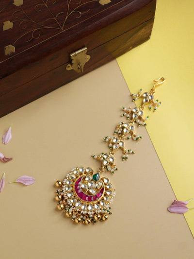 Bridal Kundan and Pearls Pink Maangteeka - Curio Cottage 