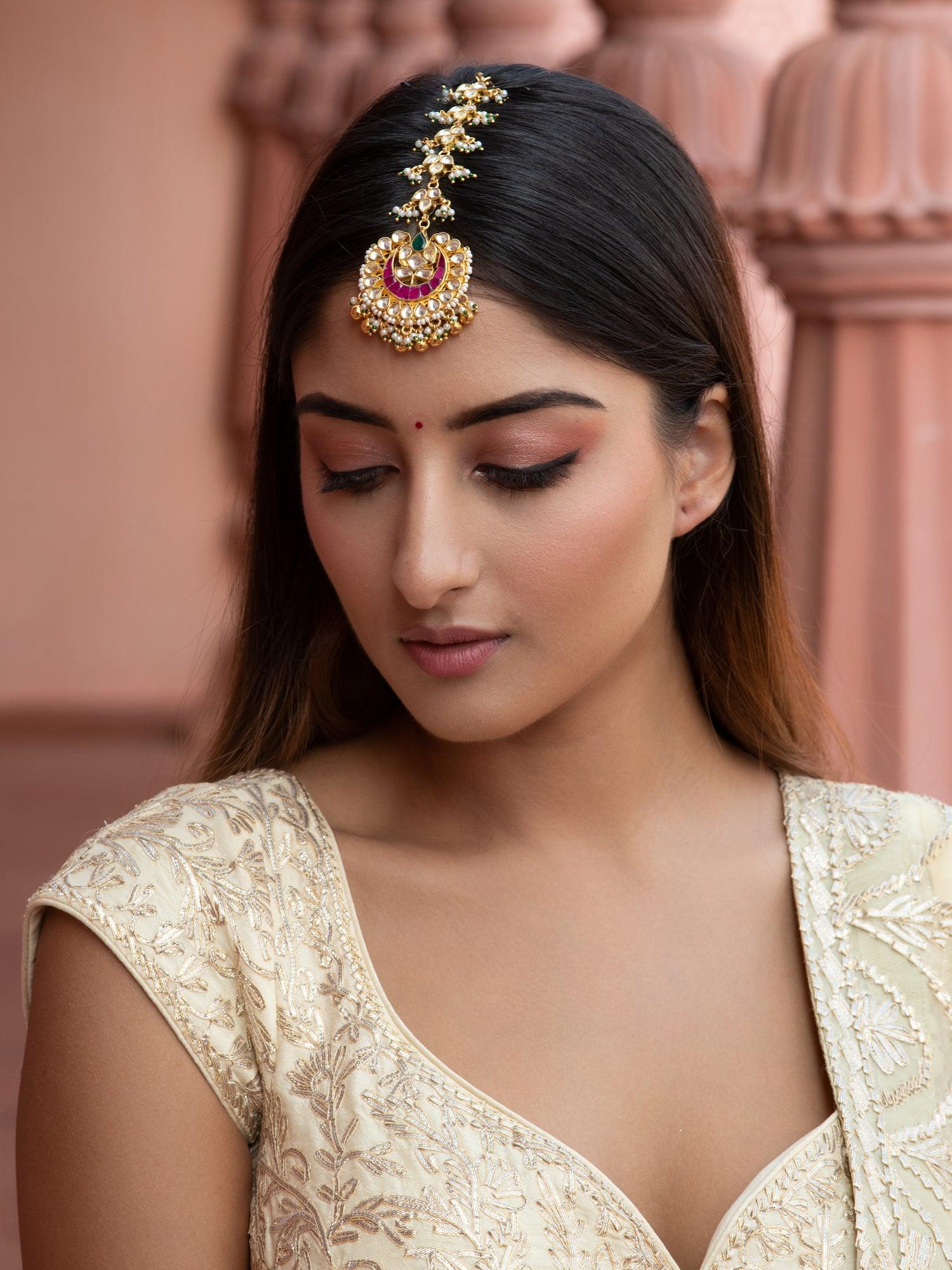 Bridal Kundan and Pearls Pink Maangteeka - Curio Cottage 