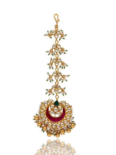 Bridal Kundan and Pearls Pink Maangteeka - Curio Cottage 