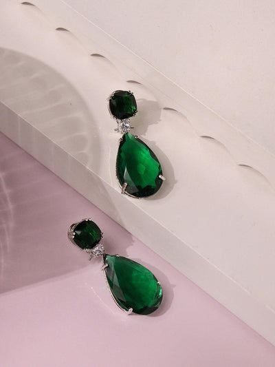 Deep Green Drop Diamante Cubic Zirconia Earrings - Curio Cottage 