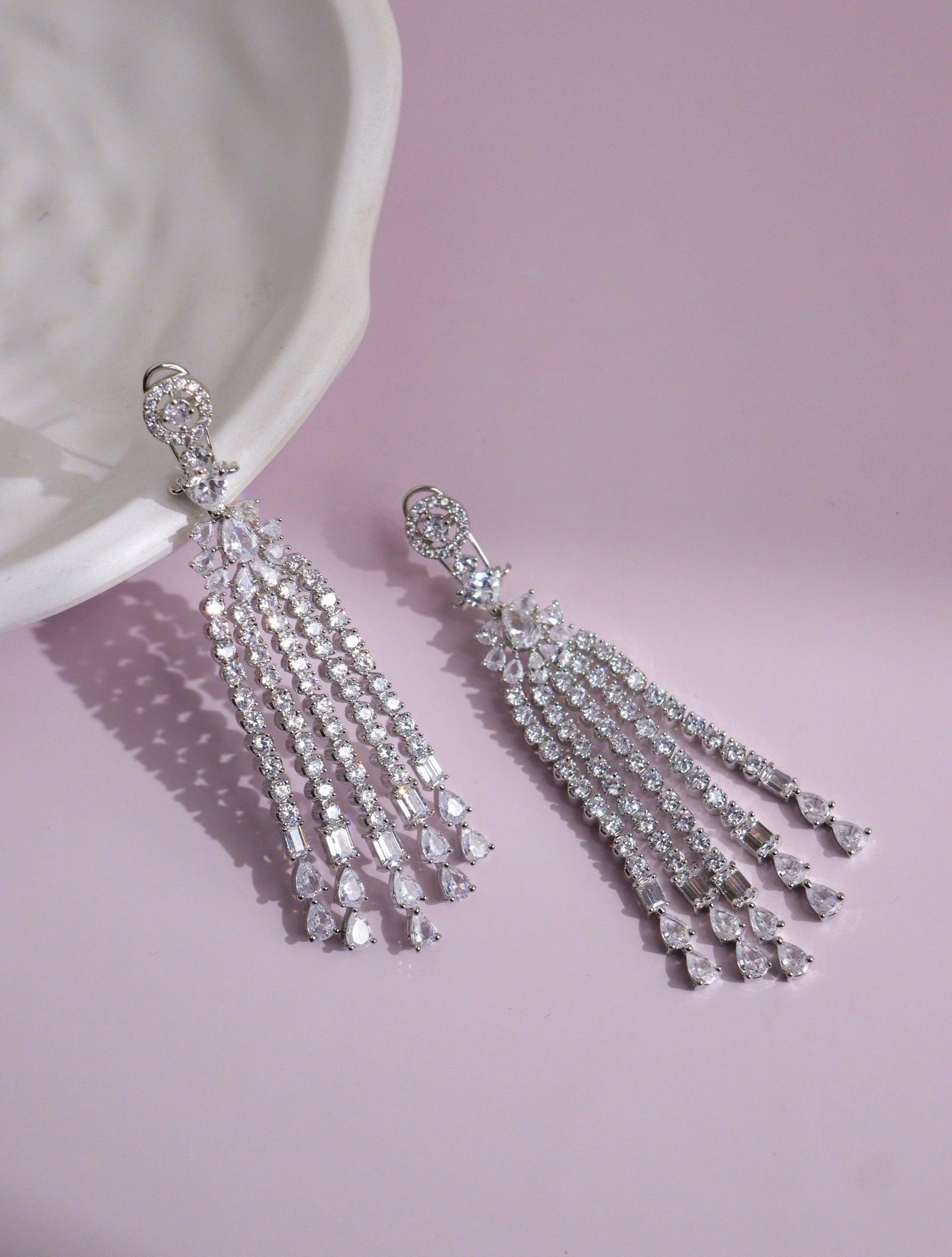 Fringes of Cubic Zirconia Diamante Earrings - Curio Cottage 
