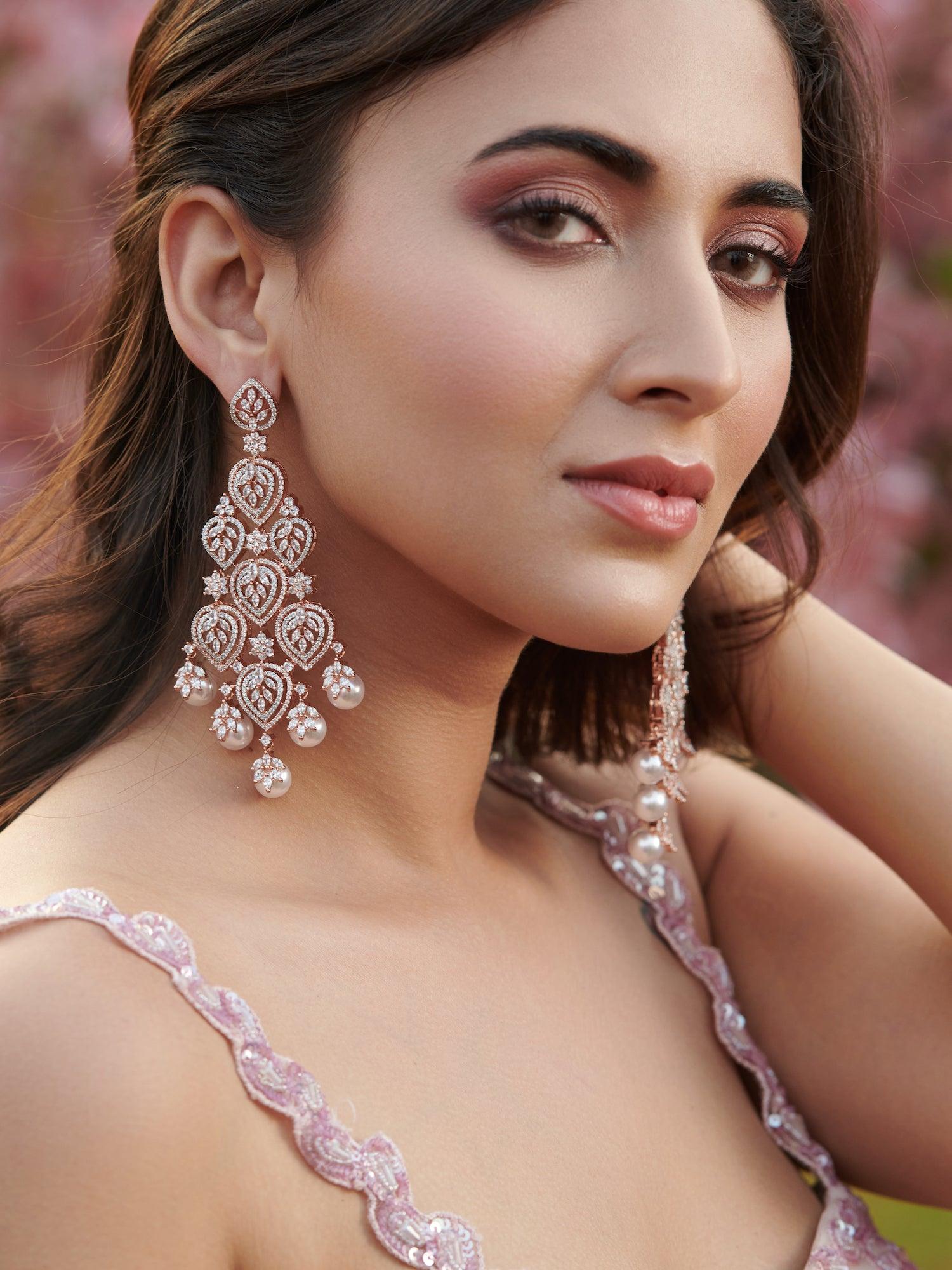 Rose Gold Florescence Diamante Cascade Earrings - Curio Cottage Rose Gold Florescence Diamante Cascade Earrings