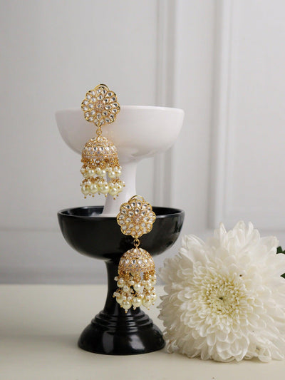 Bridal Layers of Pearls Kundan Jhumki Earrings - Curio Cottage 