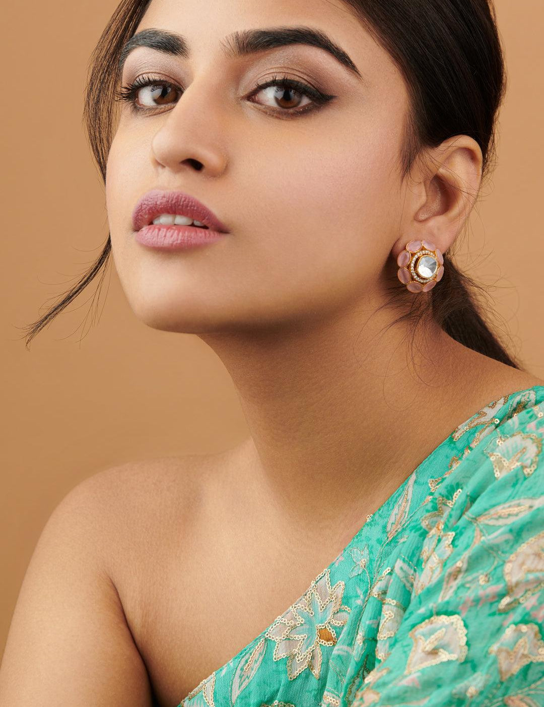 Pink and Kundan Stud Earrings