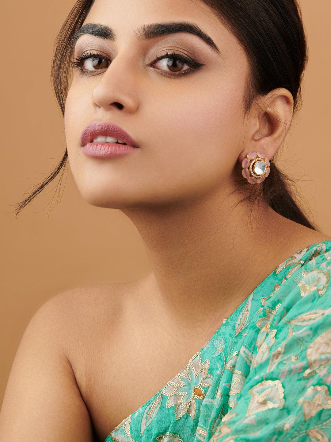 Pink and Kundan Stud Earrings